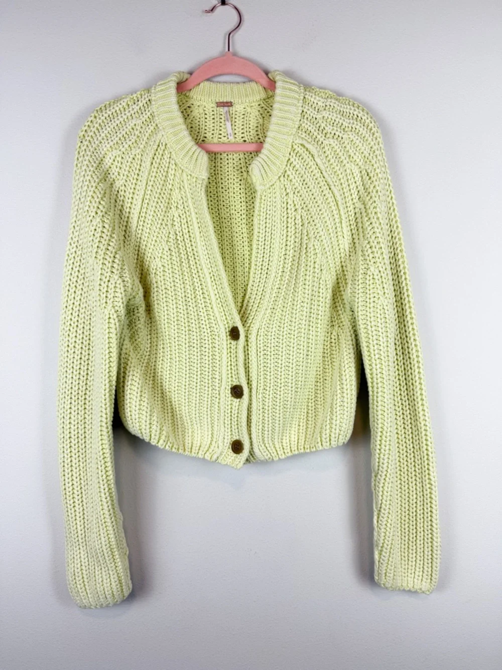 Free People Sweet Nothing Cardi Lime Glow Chunky Cropped Knit Cardigan Small